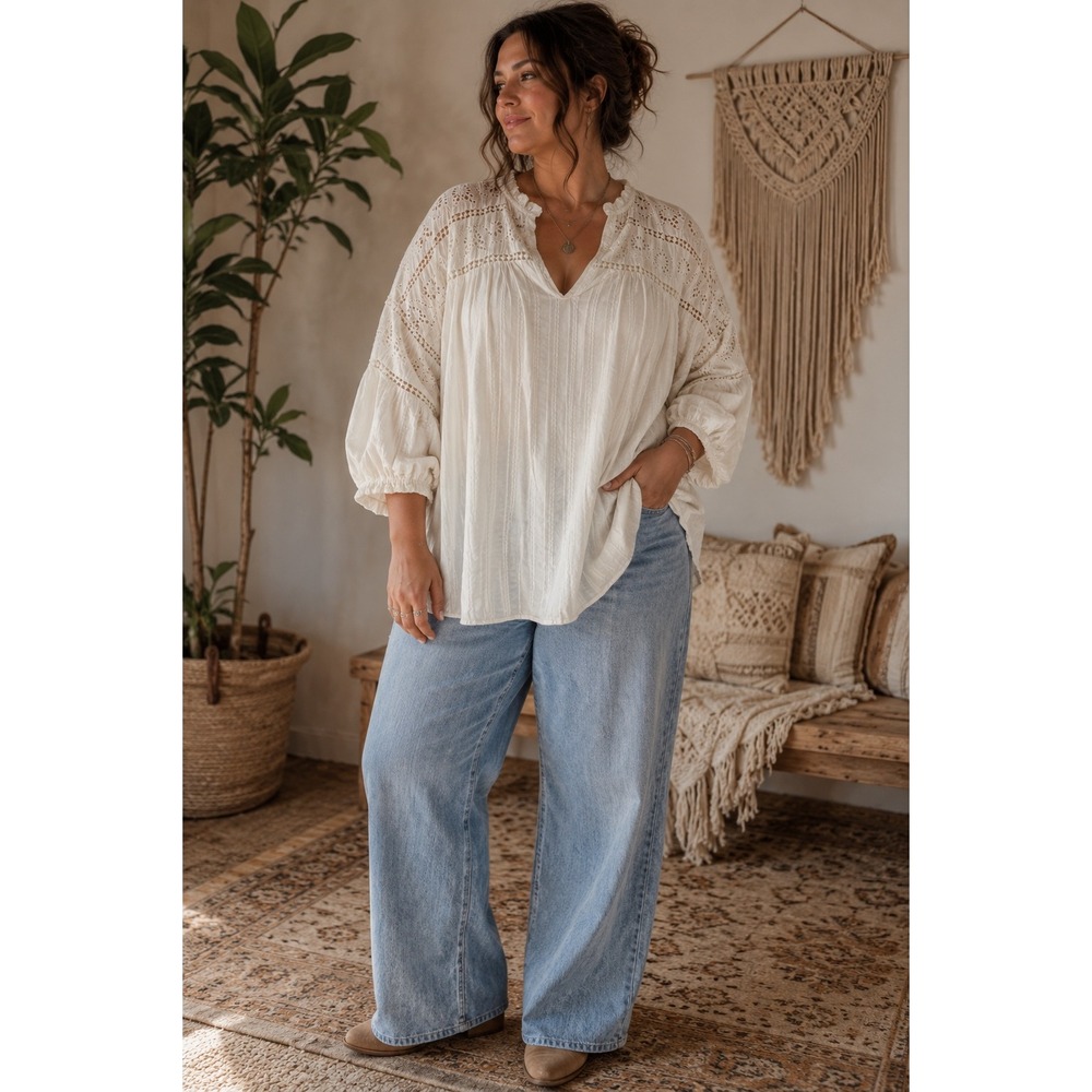 Style & Co White Eyelet Lace Peasant Blouse Boho Balloon Sleeve XL
